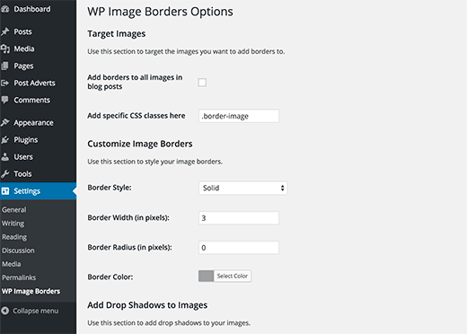 Page de paramètres pour le plugin WP Image Borders