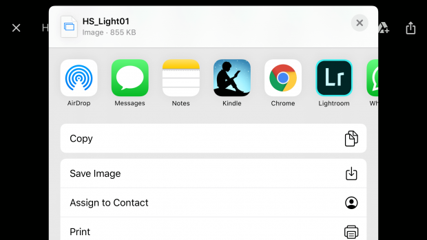 Options HS_Light01.dng sur mobile, affichant : Copier, Enregistrer l'image, Attribuer à un contact ou Imprimer