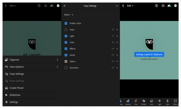 3 écrans montrant les étapes de copie des paramètres d'un préréglage Instagram sélectionné dans l'application Lightroom