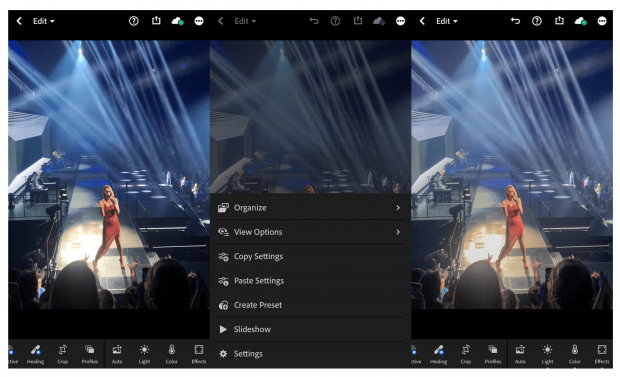 3 écrans montrant les étapes d'application du préréglage Instagram à une photo de Céline Dion