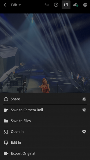 Version finale de la photo de Céline Dion dans l'application Lightroom avec des options pour partager, enregistrer sur Cameral Roll ou Enregistrer dans des fichiers