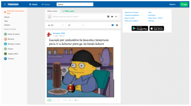 Page d'accueil de Taringa!  montrant un mème des Simpsons en espagnol