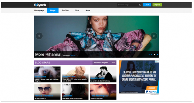 Page d'accueil de Skyrock, l'image en vedette est de Rhianna avec des images d'autres artistes en dessous