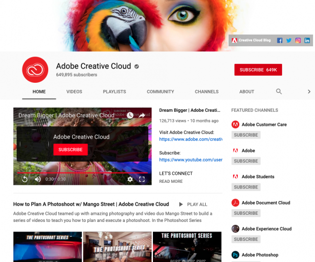 Page d'accueil d'Adobe YouTube