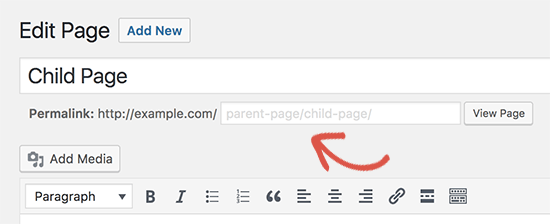 Modifier l'URL de la page enfant