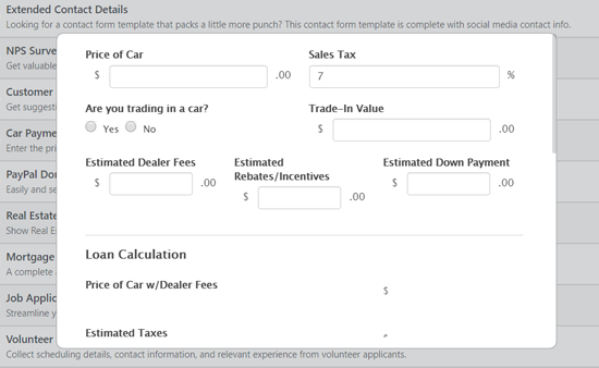 Aperçu du formulaire de calcul de paiement de voiture WordPress
