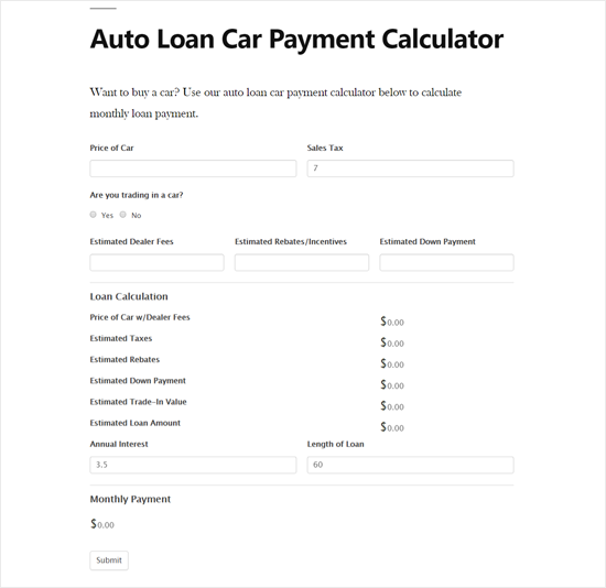 Calculatrice de paiement de voiture de prêt automatique dans l'aperçu du site WordPress