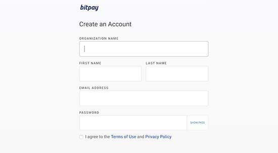 Création de compte BitPay