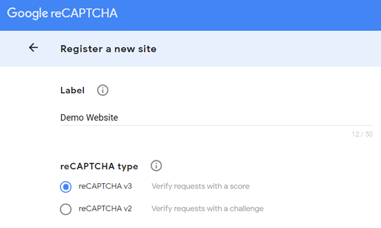 Enregistrer un nouveau site pour Google reCAPTCHA