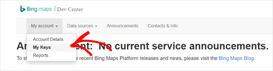 Bing Maps Dev Center Option Mes clés