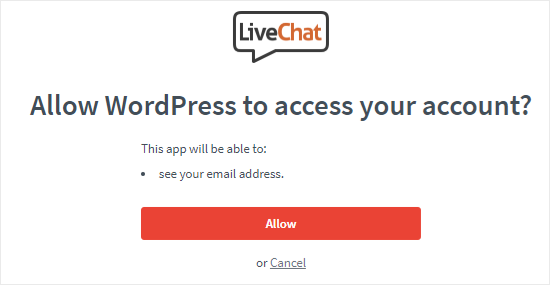 Autoriser WordPress à accéder au compte LiveChat