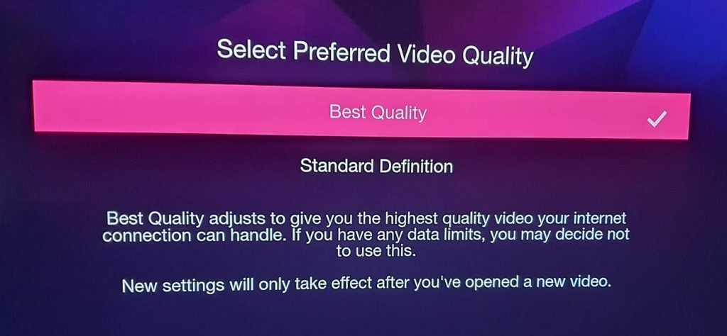 BBC iPlayer, sélection de la qualité vidéo préférée
