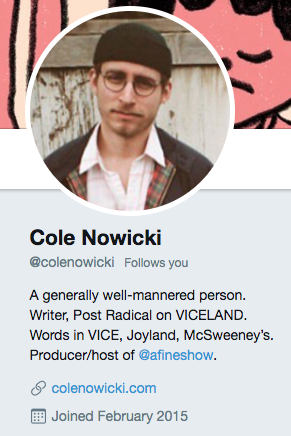 Biographie Twitter de Cole Nowicki