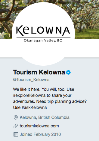 Biographie Twitter pour Tourism Kelowna