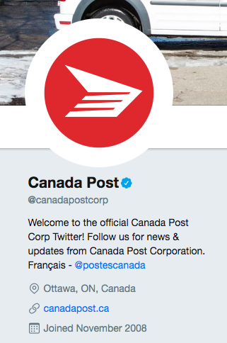 Biographie Twitter de Postes Canada