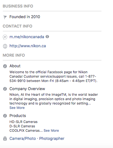 Biographie Facebook pour Nikon