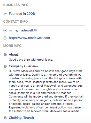 Biographie Facebook pour Madewell