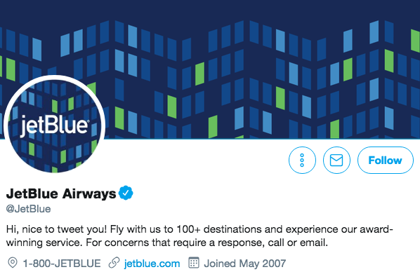 Biographie Twitter pour JetBlue