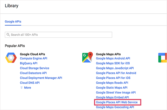 Sélectionnez l'API Google Adresses
