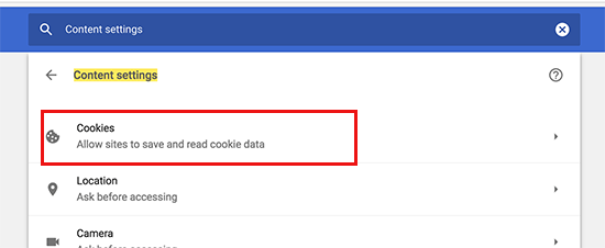 Section Cookies dans les paramètres de Chrome