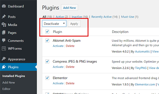 Désactiver tous les plugins WordPress
