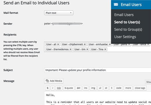 Envoi d'e-mails à des utilisateurs individuels ou à tous les utilisateurs de votre site