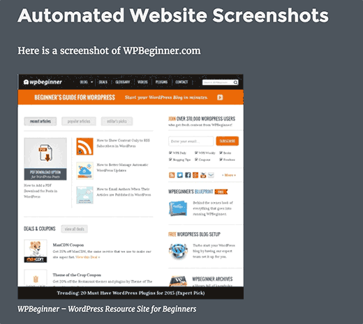 Capture d'écran du site Web générée avec le plugin Browser Shots