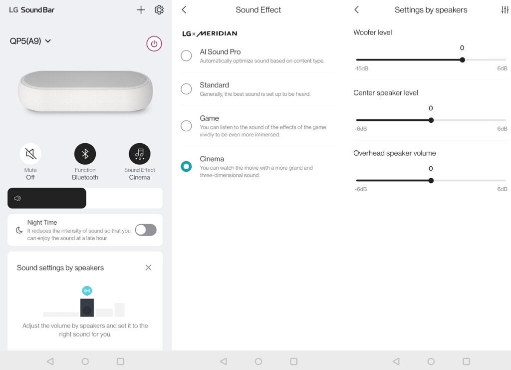 Interface Eclair de l'application LG Sound Bar