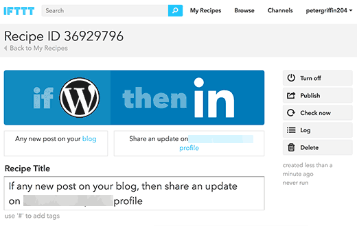 Votre recette WordPress vers LinkedIn sur IFTTT