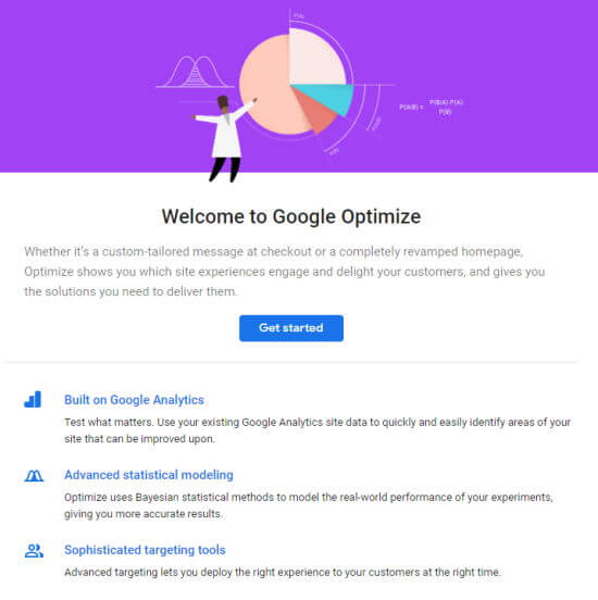 La page d'accueil de Google Optimize, avec le bouton Démarrer