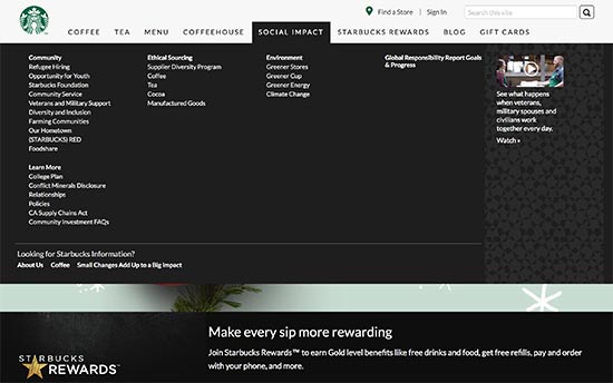 Site Web de Starbucks affichant un méga menu