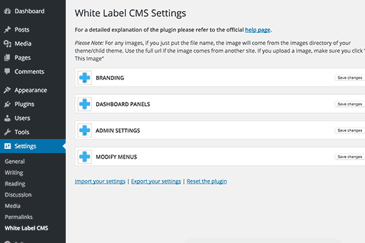 Page des paramètres du CMS en marque blanche