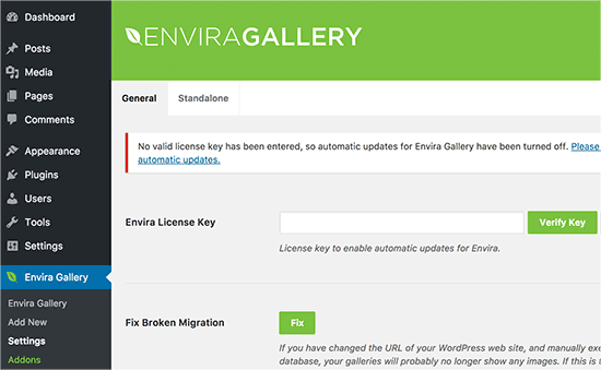 Ajouter la clé de licence Envira Gallery