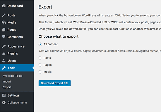 Exportez le contenu de votre ancien site WordPress