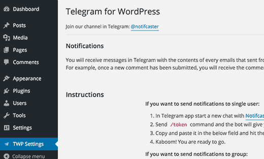 Télégramme pour les paramètres WordPress