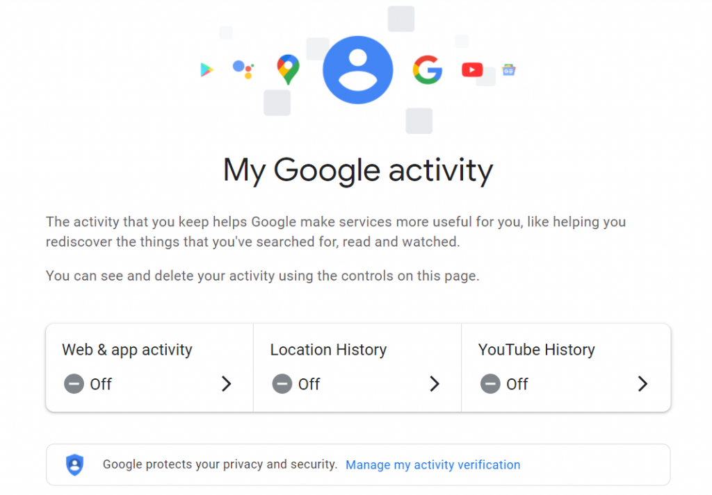 Mon écran d'activité Google avec des options telles que l'historique de localisation, l'historique de YouTube, etc.