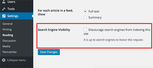 Option de visibilité des moteurs de recherche dans les paramètres WordPress