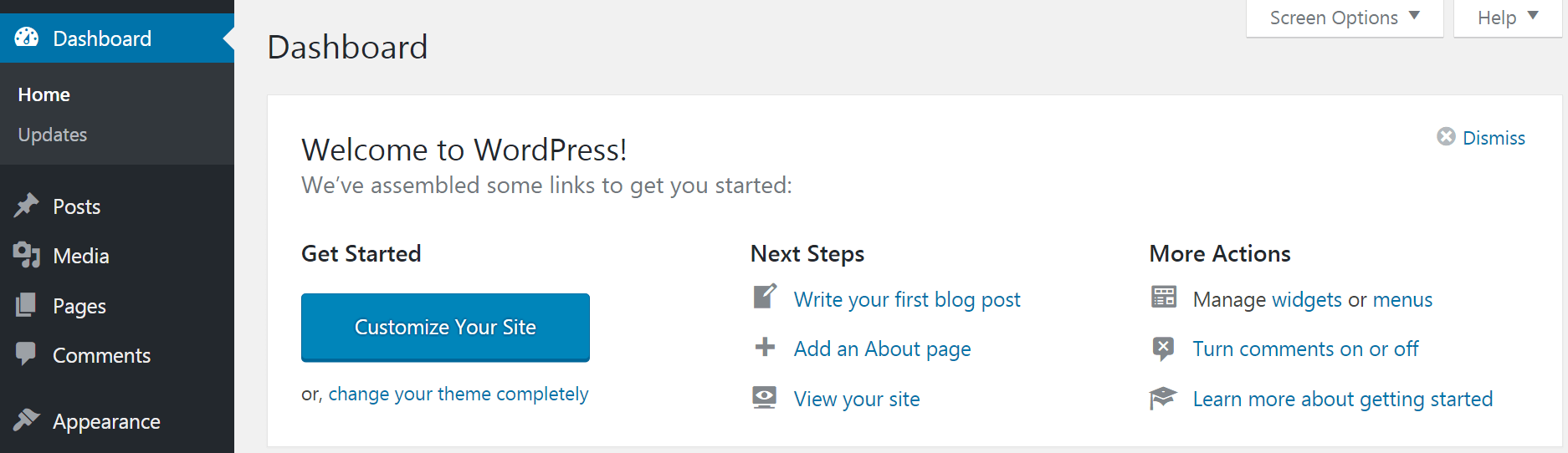 Le widget de bienvenue dans le tableau de bord WordPress.