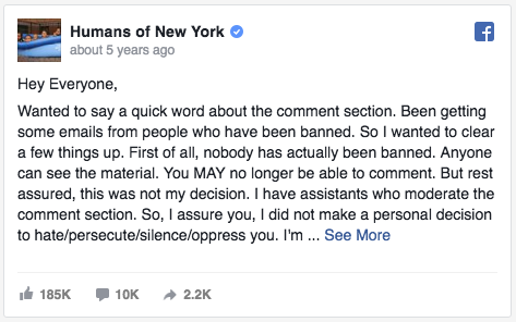 Publication Facebook de Humans of New York sur les trolls