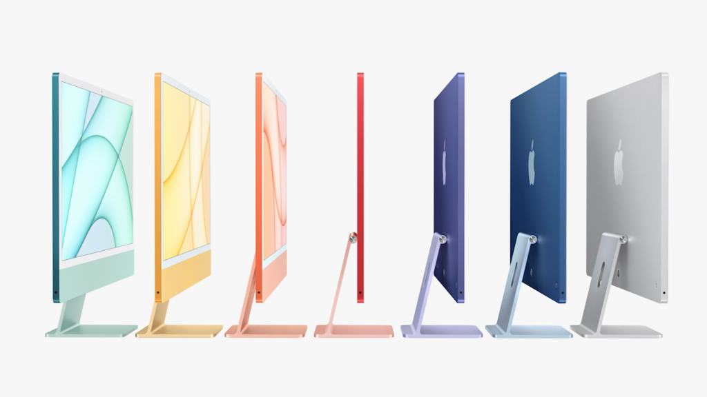 Sept iMac de couleurs différentes debout sur un fond blanc, vue latérale, arrière et avantUn écran d'accueil diaplying d'iMac rose clair debout sur un fond blanc