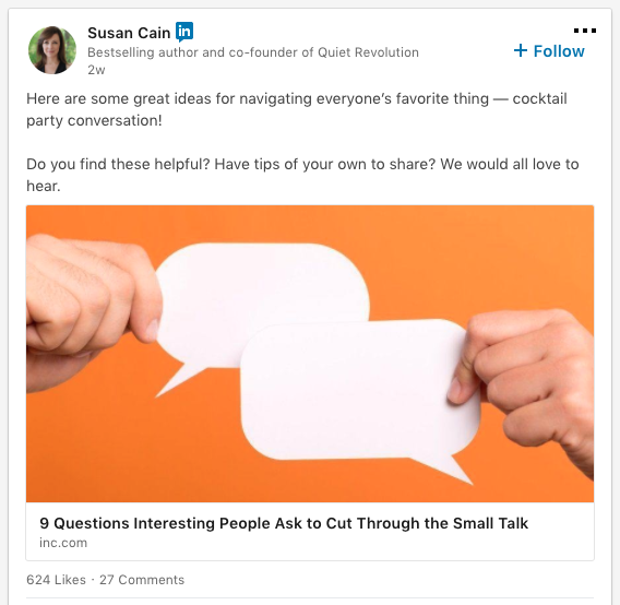 capture d'écran d'un article de Susan Cain sur Linkedin