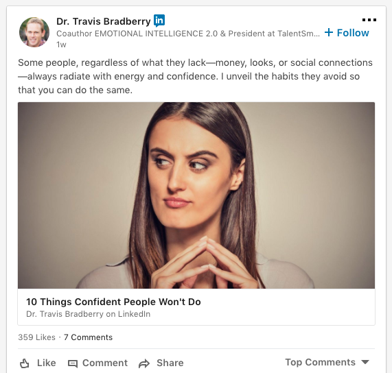 capture d'écran du message du Dr Travis Bradberry sur LinkedIn