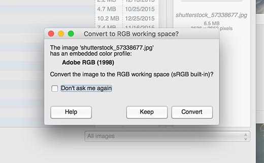 GIMP détectant et suggérant de dissimuler l'espace colorimétrique