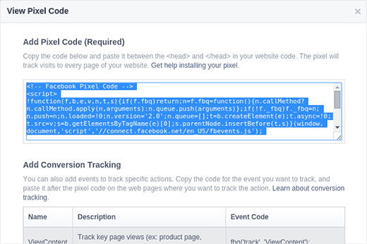 Copiez le code Pixel Facebook