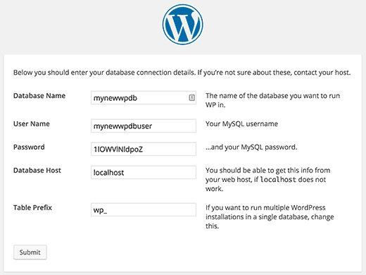 Étape de création du fichier de configuration lors de l'installation de WordPress