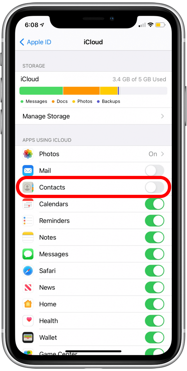 Si la bascule Contacts est grise, appuyez dessus pour activer la synchronisation des contacts avec Apple Watch