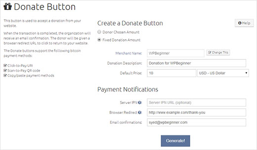 Générer un bouton de don sur BitPay