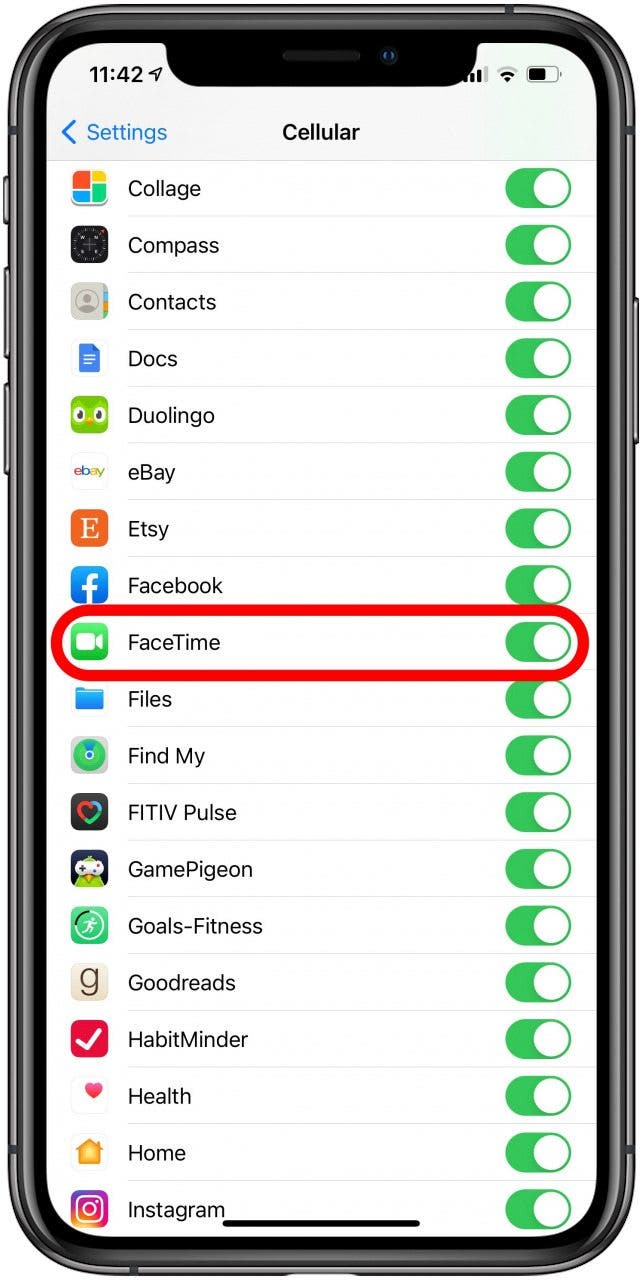Faites défiler jusqu'à la liste des applications et assurez-vous que FaceTime est activé.