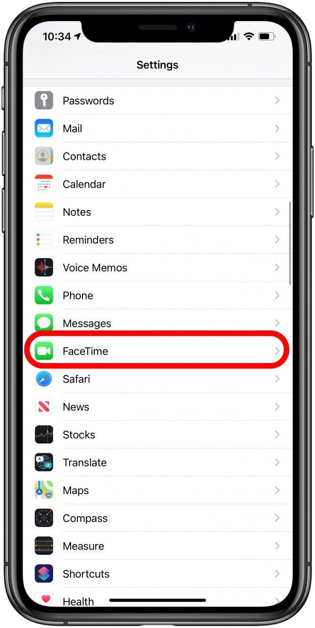 Appuyez sur FaceTime dans les paramètres de votre iPhone