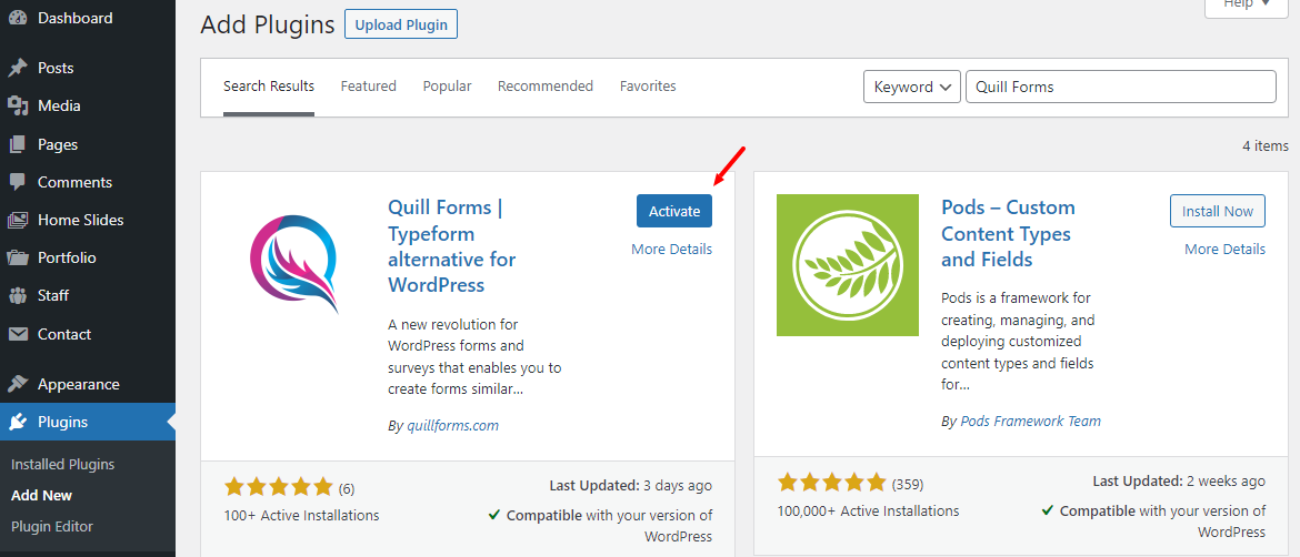 activer le plugin wordpress quill forms